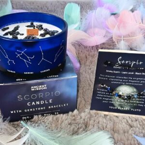 Bougie zodiaque Scorpion Mist of Alba avec sa boîte et son bracelet en pierres naturelles – rituel énergétique complet.